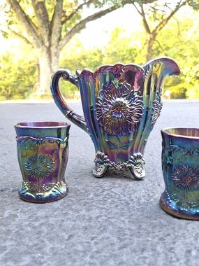 Vintage Mosser Glass Dahlia Pitcher and Tumbler Set in Amethyst Carnival